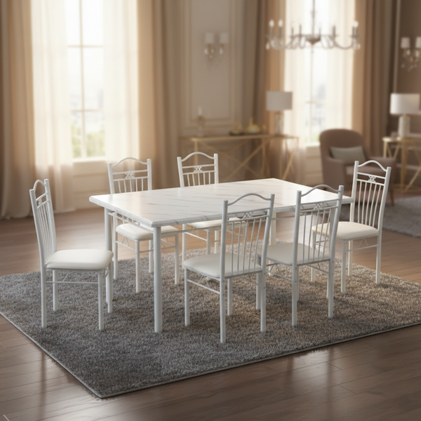 طقم طاولة طعام بيضاء فاخرة مع 6 كراسي  - G56-07A+B03