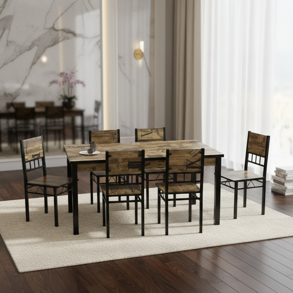 طقم طاولة طعام خشبية ريفية مع 6 كراسي متينة - موديل A26/B26