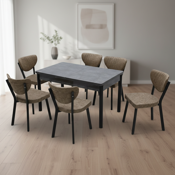 طقم طاولة طعام مودرن رمادي وبني داكن مع 6 كراسي - DTT-162