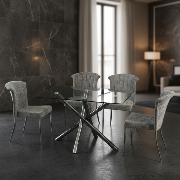 طقم طاولة طعام زجاجية مودرن مع 4 كراسي رمادية فاخرة - DTC 903