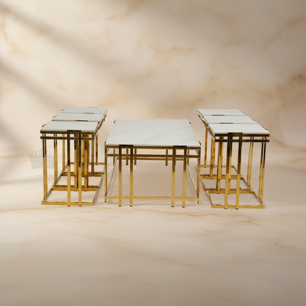 طقم طاولة قهوة فاخر 1+6 ذهبي بتصميم رخامي أنيق - A6 (K36)