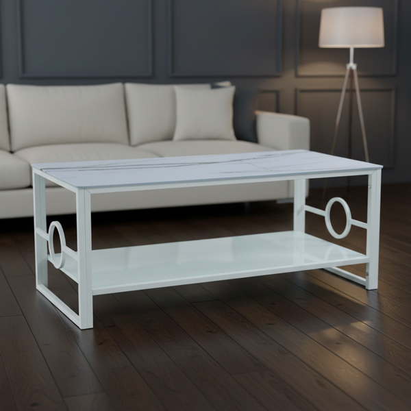 طاولة قهوة عصرية بسطح رخامي أبيض وهيكل معدني - 165-2 WHITE