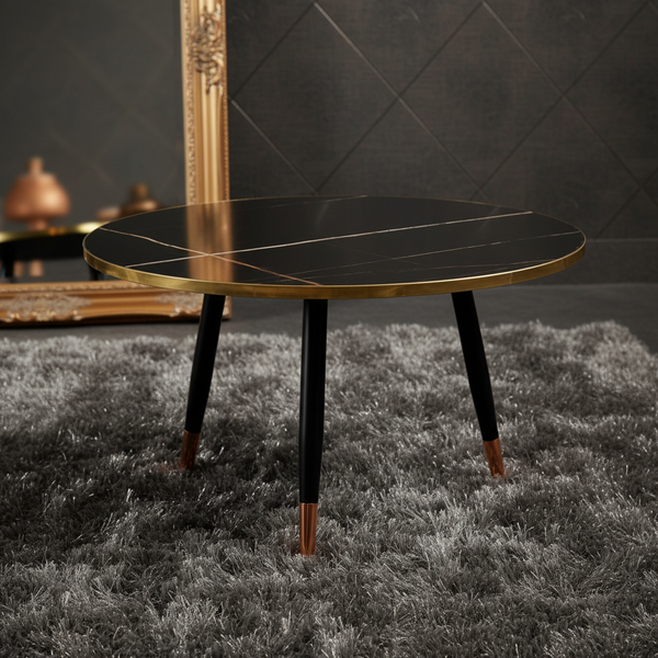 طاولة قهوة دائرية فاخرة بسطح رخامي أسود وحواف ذهبية - RDT 403 - 4 L