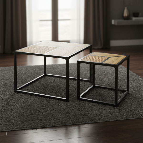 طقم طاولات قهوة متداخلة خشبية بتصميم صناعي وقاعدة معدنية سوداء - CT-18