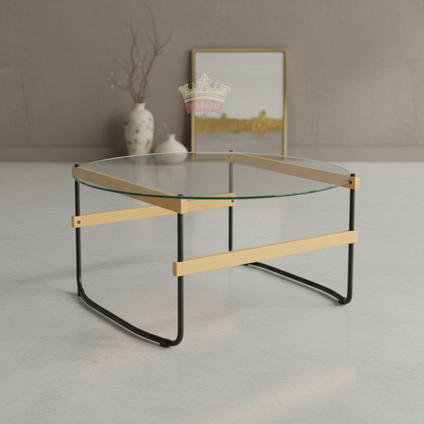 طاولة قهوة دائرية بسطح زجاجي شفاف وإطار خشبي ومعدني مودرن - CT-113