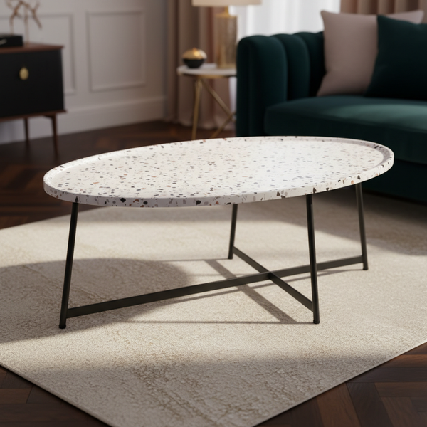 طاولة قهوة بيضاوية بسطح تيرازو أبيض وقاعدة سوداء - CT-555