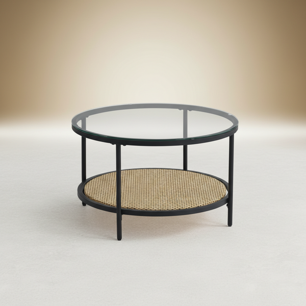 طاولة قهوة دائرية زجاجية مع رف من القش الطبيعي - CT-121