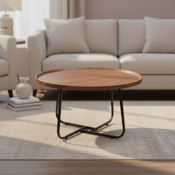 طاولة قهوة دائرية من الخشب الداكن والمعدن الأسود - RDT-622