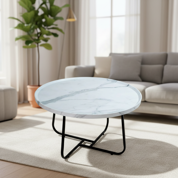 طاولة قهوة دائرية بسطح رخامي أبيض وقاعدة معدنية سوداء - RDT-622