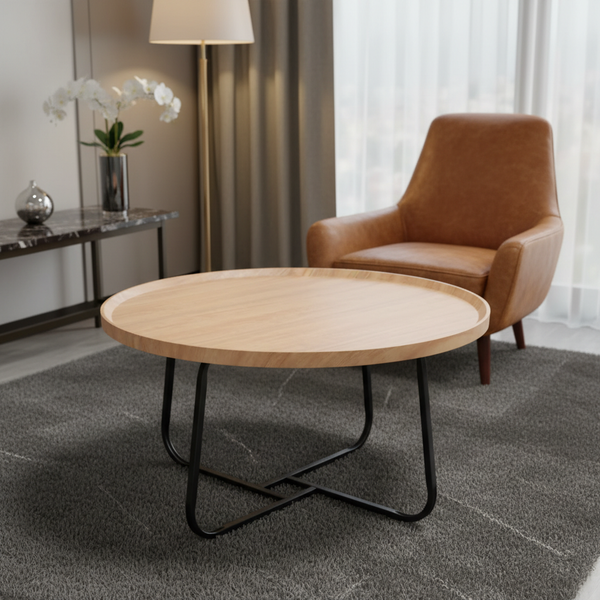 طاولة قهوة دائرية خشبية بتصميم عصري وقاعدة معدنية سوداء - RDT-622