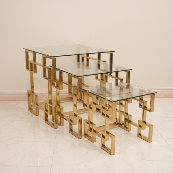 طقم طاولات خدمة زجاجية متداخلة باللون الذهبي الفاخر - C15