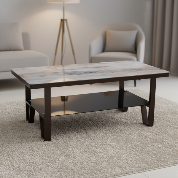 طاولة قهوة عصرية بسطح رخامي ورف تخزين - موديل 128-5 COFFEE