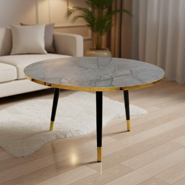 طاولة قهوة دائرية فاخرة بسطح رمادي رخامي وأرجل سوداء - RDT 403-5 L