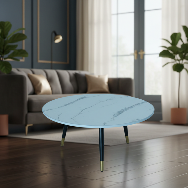 طاولة قهوة دائرية عصرية بنقشة رخامية وأرجل سوداء بلمسات ذهبية - RDT-403-1L