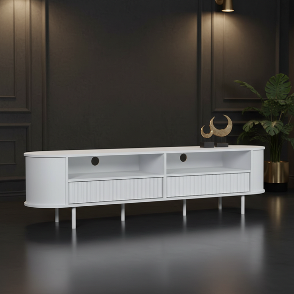 طاولة تلفزيون عصرية باللون الأبيض مع أدراج مزخرفة - موديل 175-18