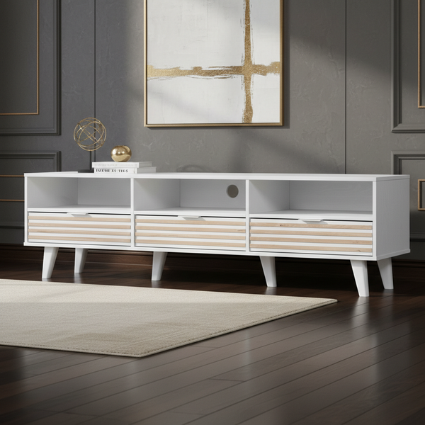 طاولة تلفزيون عصرية باللون الأبيض والخشبي مقاس 180 سم - TV 168