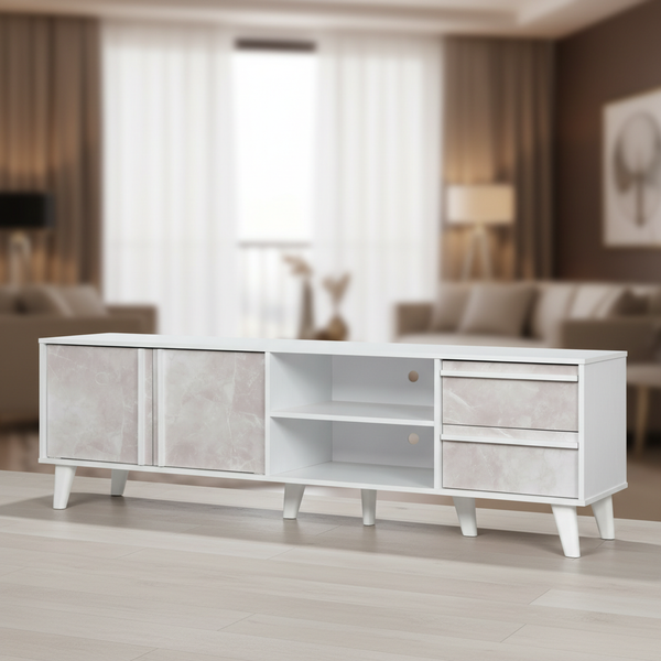 طاولة تلفزيون عصرية بتصميم رخامي أبيض ورمادي - TV 164