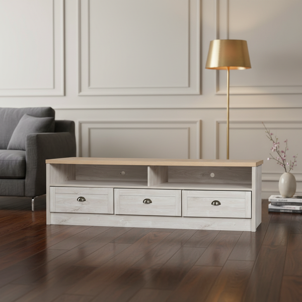 طاولة تلفزيون خشبية عصرية مع 3 أدراج ومساحات تخزين مفتوحة - TV 091