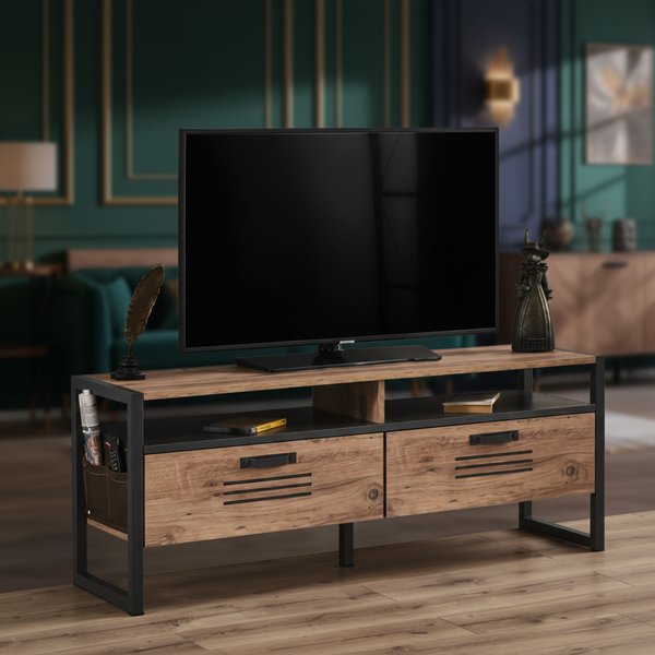 طاولة تلفزيون مودرن خشبية مع إطار معدني أسود - TV 116-S KREA BROWN 140