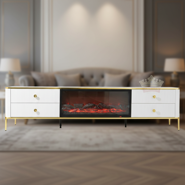 طاولة تلفزيون مودرن مع مدفأة كهربائية ليد وسطح رخامي أبيض - TV-622