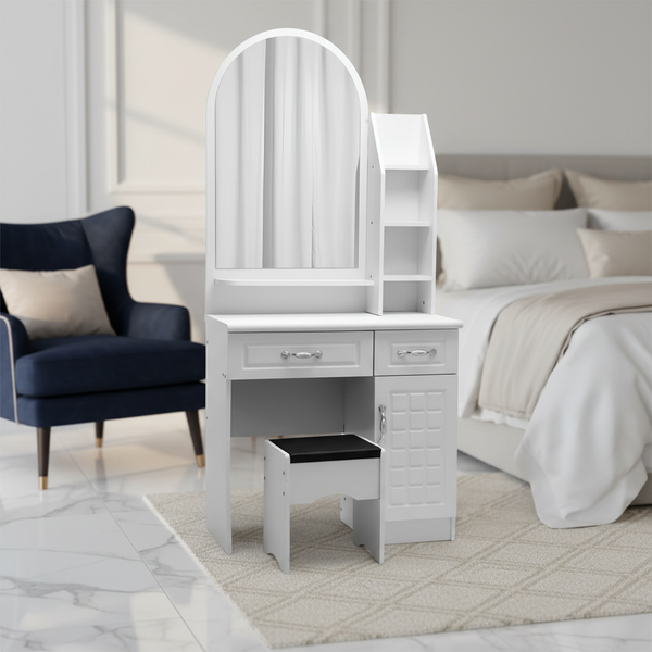 تسريحة غرفة نوم عصرية باللون الأبيض مع مرآة وكرسي - DT A9622