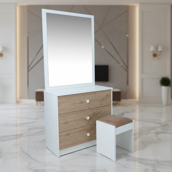 تسريحة غرفة نوم مودرن باللون الأبيض والخشب الطبيعي - DT-104 WHITE CADIZ