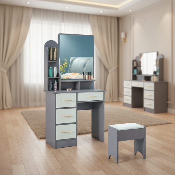 طاولة زينة (تسريحة) عصرية مع مرآة ومقعد - لون رمادي وأبيض - موديل 6001