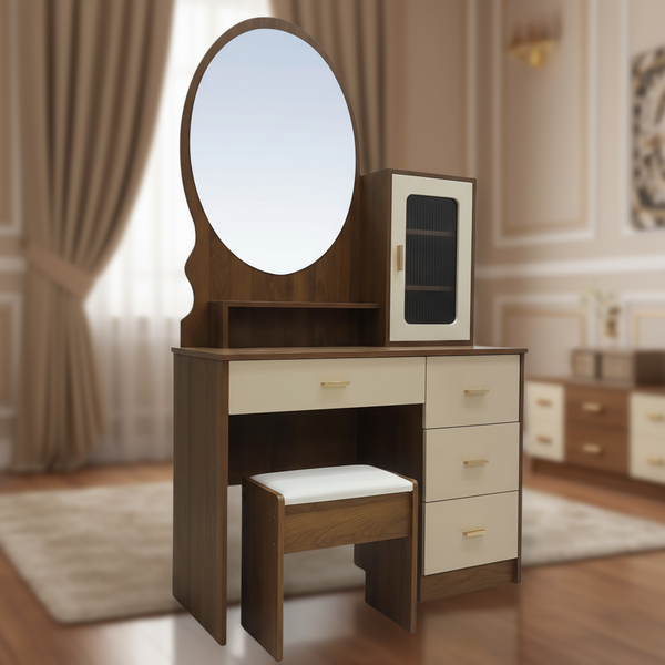 طاولة زينة (تسريحة) خشبية عصرية مع مرآة بيضاوية وكرسي مبطن - موديل DT-1837