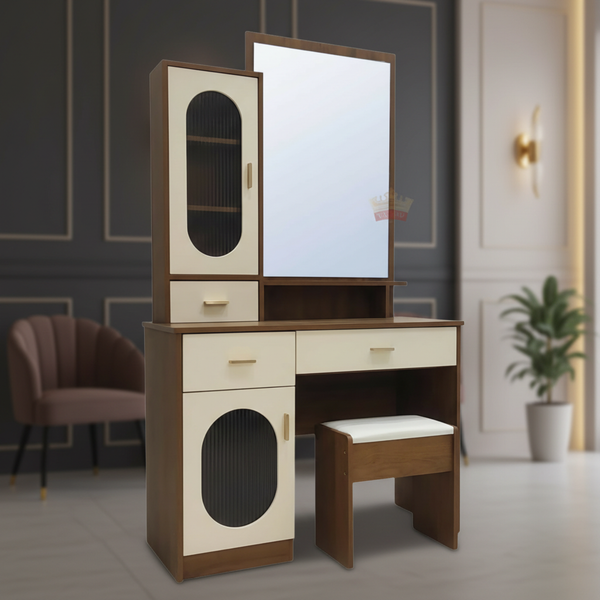 طاولة زينة عصرية بلون الجوز مع مرآة ومساحات تخزين ذكية - DT-1836