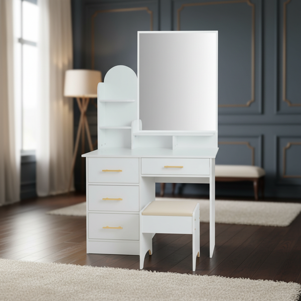 طاولة تسريحة عصرية لون أبيض مع مرآة وكرسي مريح - D/T 6001
