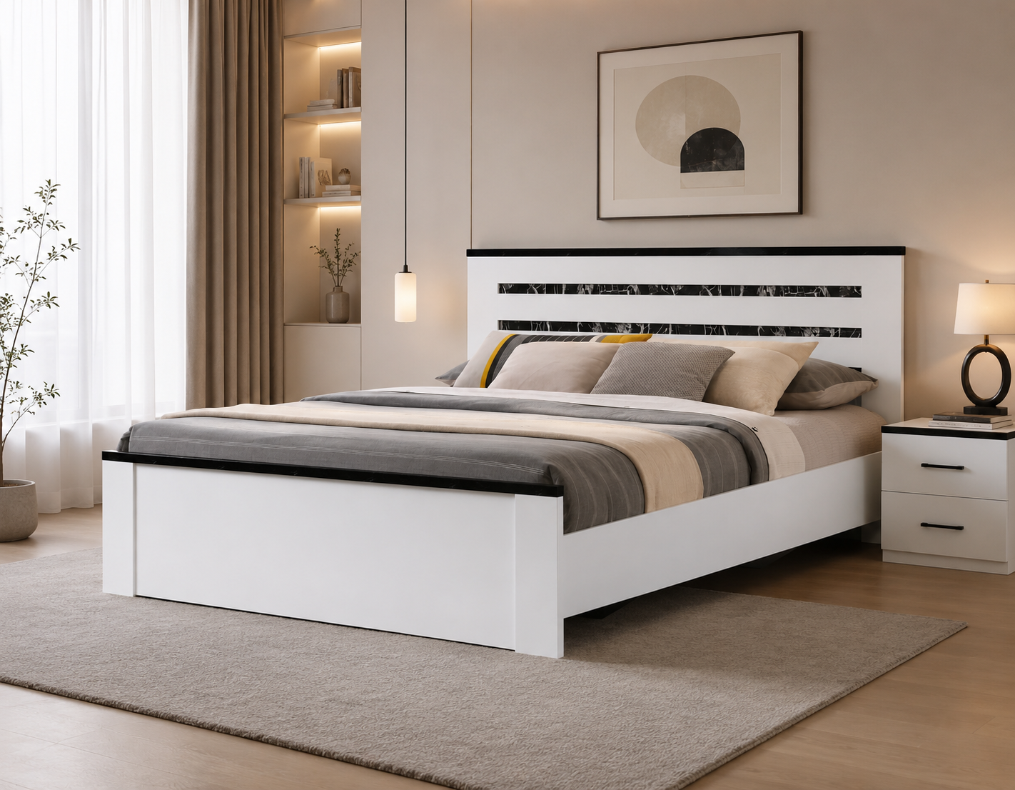 سرير مودرن أبيض بلمسات رخامية مقاس 180*200 سم - BDM 8180