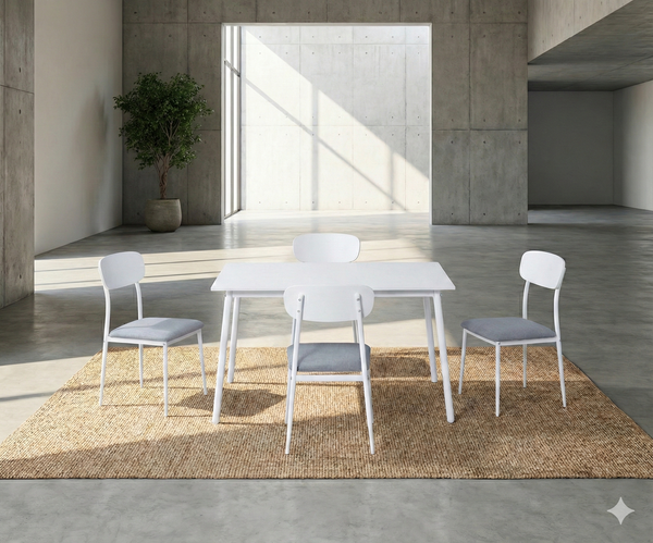 | طقم طاولة طعام بيضاء مع 4 كراسي قماش رمادي D01136 RP |