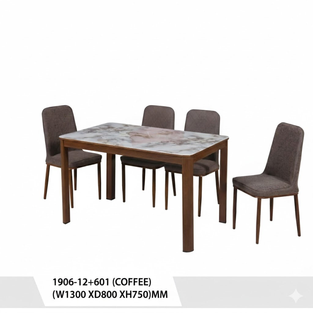 طقم طاولة طعام مودرن بسطح رخامي مع 4 كراسي بلون قهوة - 1906-12+601