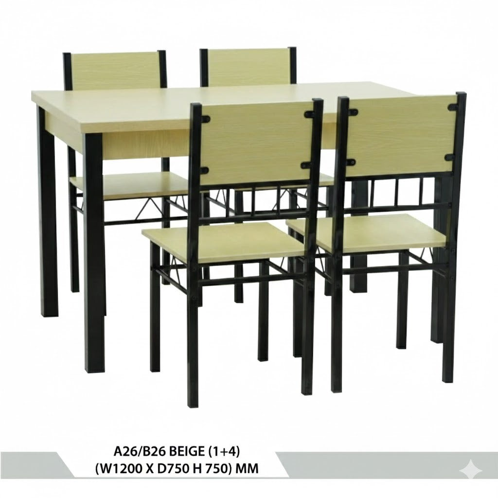 طقم طاولة طعام بيج عصرية مع 4 كراسي وقواعد معدنية - A26/B26