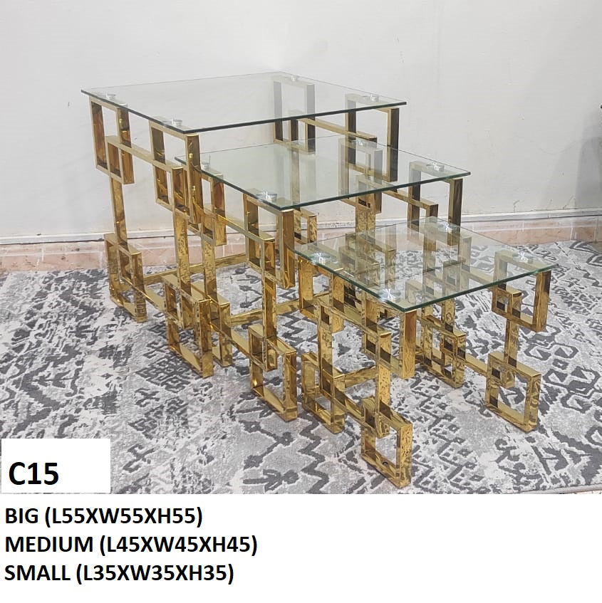 طقم طاولات خدمة زجاجية متداخلة باللون الذهبي الفاخر - C15