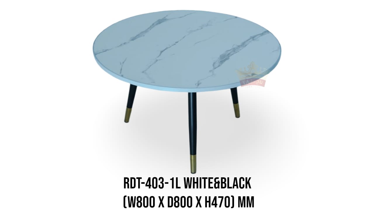طاولة قهوة دائرية عصرية بنقشة رخامية وأرجل سوداء بلمسات ذهبية - RDT-403-1L