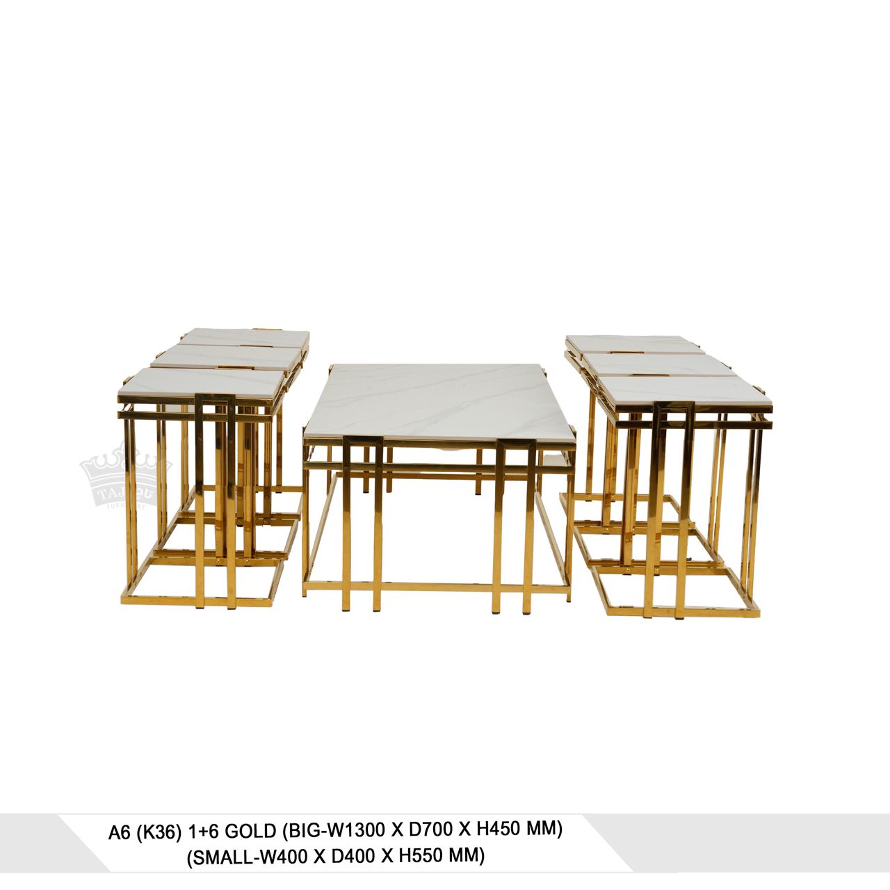 طقم طاولة قهوة فاخر 1+6 ذهبي بتصميم رخامي أنيق - A6 (K36)