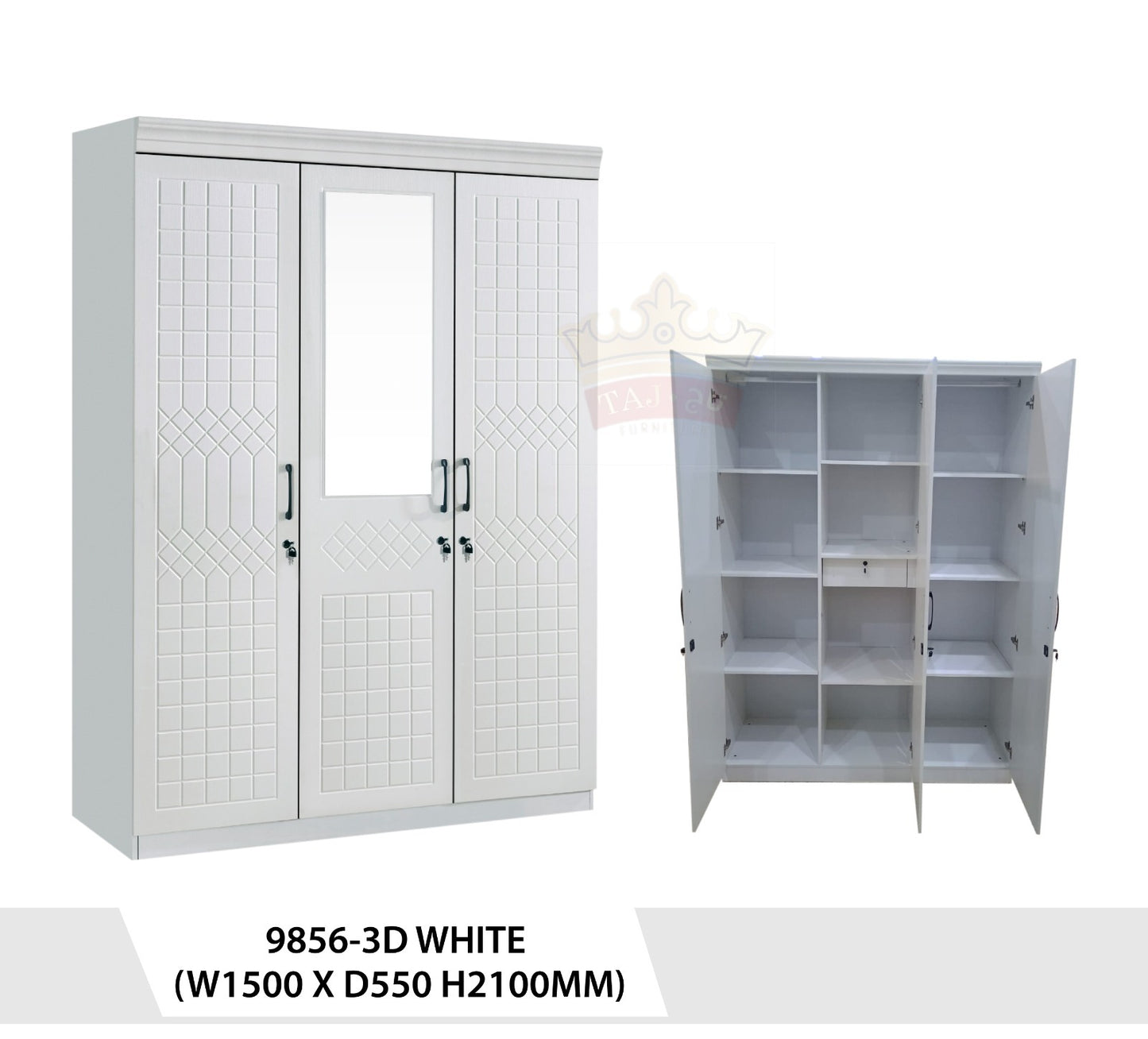 خزانة ملابس بيضاء ثلاثية الأبواب مع مرآة بتصميم عصري - 9856-3D WHITE