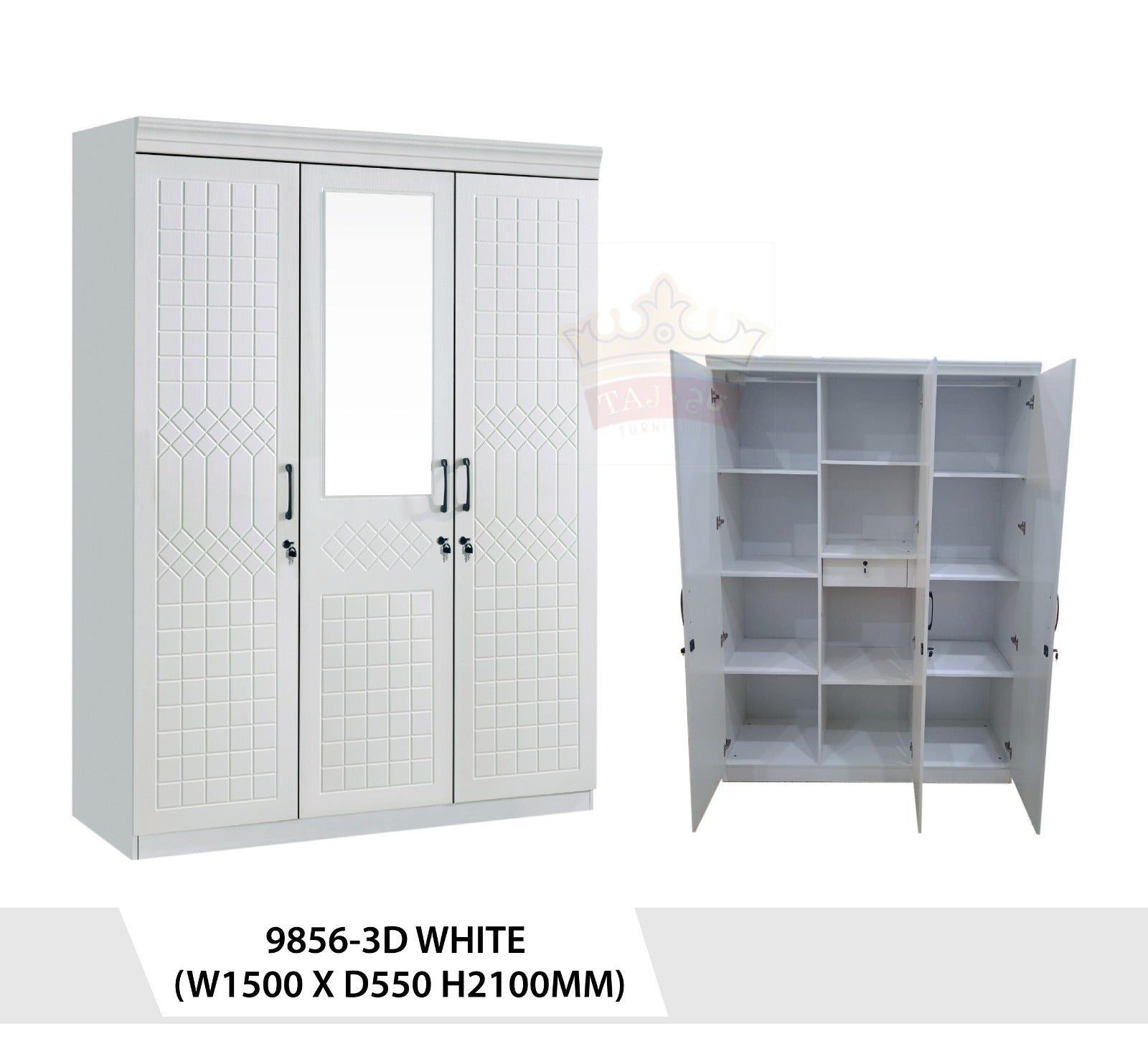 خزانة ملابس بيضاء ثلاثية الأبواب مع مرآة بتصميم عصري - 9856-3D WHITE