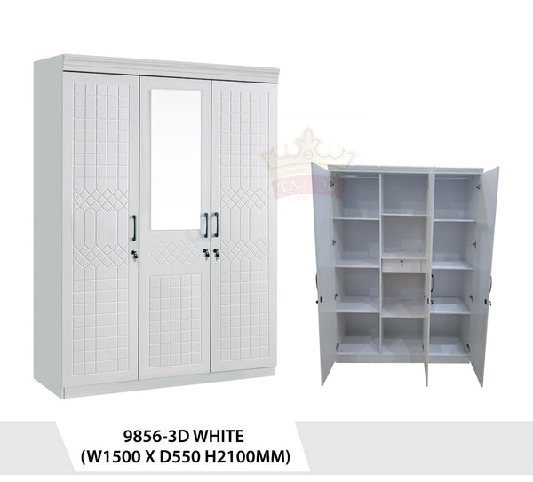 خزانة ملابس بيضاء ثلاثية الأبواب مع مرآة بتصميم عصري - 9856-3D WHITE