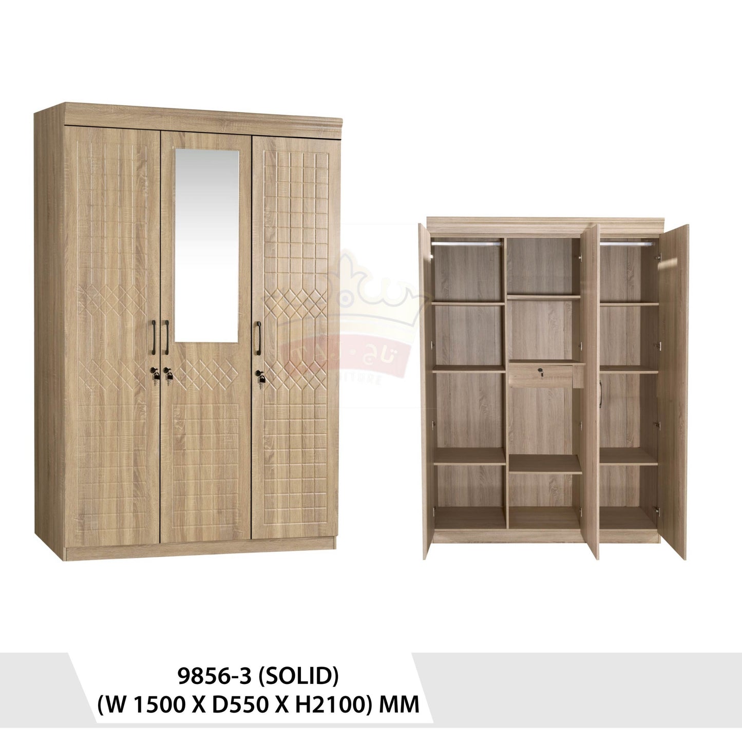 خزانة ملابس بيضاء ثلاثية الأبواب مع مرآة بتصميم عصري - 9856-3D WHITE
