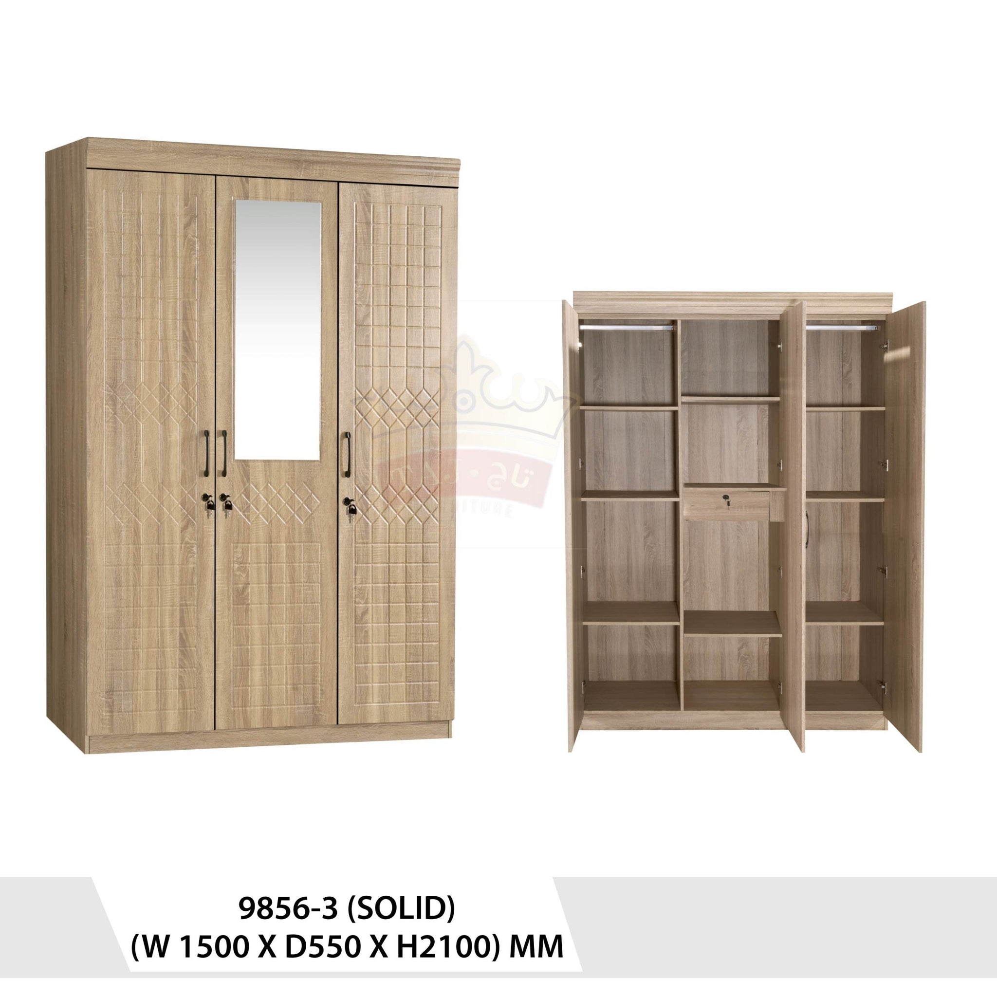 خزانة ملابس بيضاء ثلاثية الأبواب مع مرآة بتصميم عصري - 9856-3D WHITE