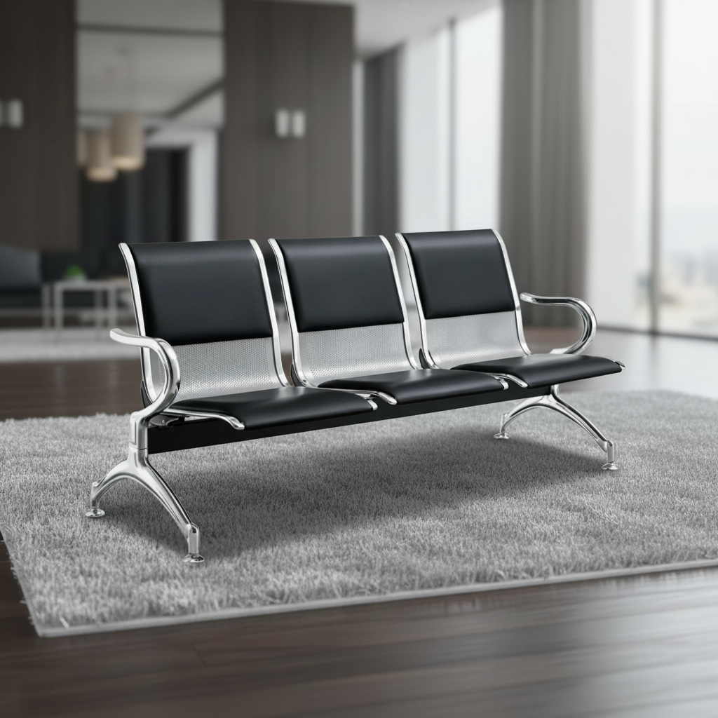 كرسي انتظار ثلاثي فاخر للمطارات والمكاتب باللون الأسود والفضي - YA25-BLACK + SILVER