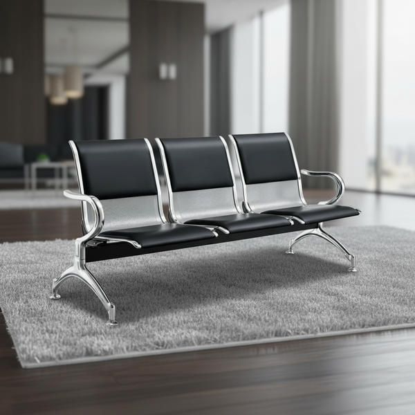 كرسي انتظار ثلاثي فاخر للمطارات والمكاتب باللون الأسود والفضي - YA25-BLACK + SILVER