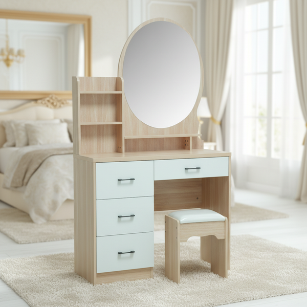 طاولة تسريحة عصرية مع مرآة دائرية وكرسي مبطن - لون بيج وأبيض - DT-286