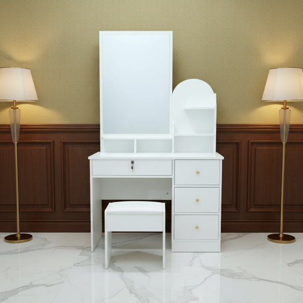 طاولة تسريح عصرية بيضاء مع مرآة وكرسي ومساحات تخزين - DT-1812