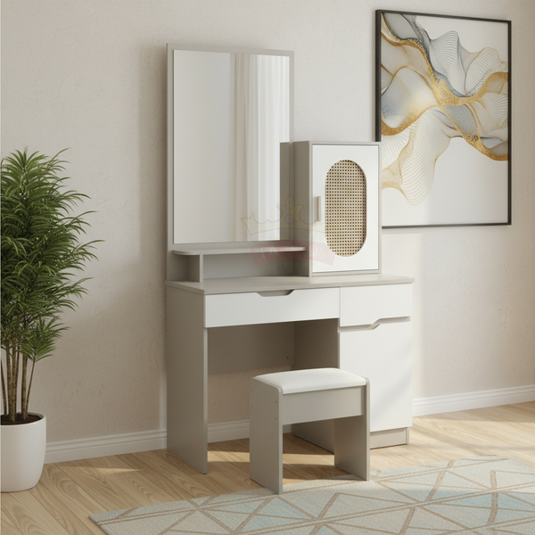 طاولة زينة عصرية رمادي جيجو مع مرآة وكرسي - موديل 1862 (JEJU GREY)