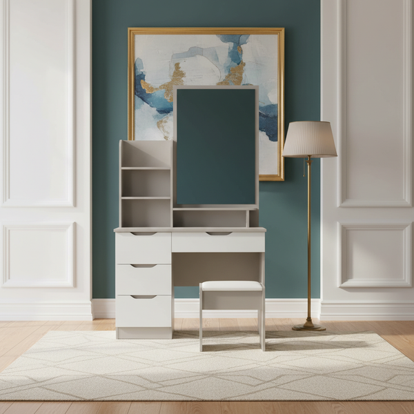 طاولة تسريحة مودرن جيجو جراي مع مرآة وأدراج تخزين - 1863