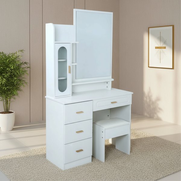 طاولة زينة عصرية بيضاء مع مرآة ومقعد ومساحات تخزين - DT-1832