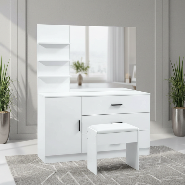 طاولة تسريحة عصرية مع مرآة وكرسي باللون الأبيض - DT-9646